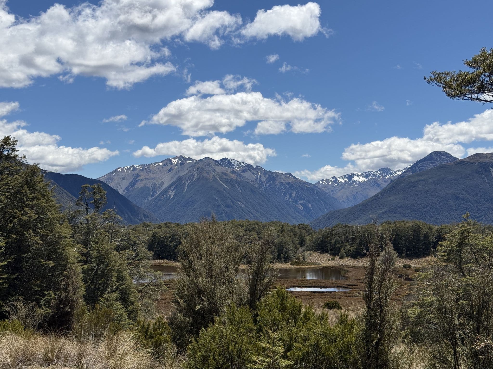 Snow-streaked peaks of Arthur's Pass National Park above beech forest and wetland tarns under a blue early-summer sky