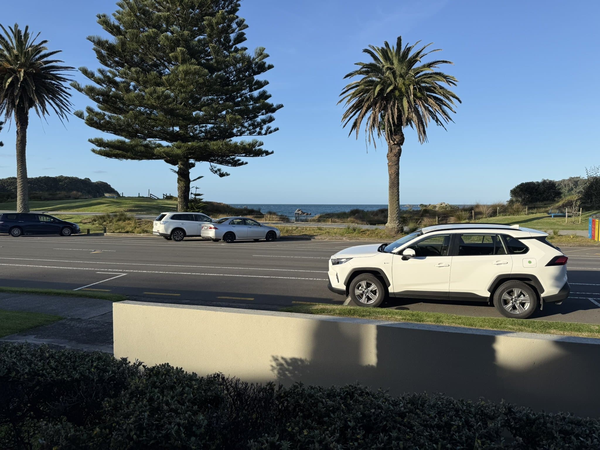 A white rental SUV driving along the waterfront road at Mount Maunganui, the sea beyond